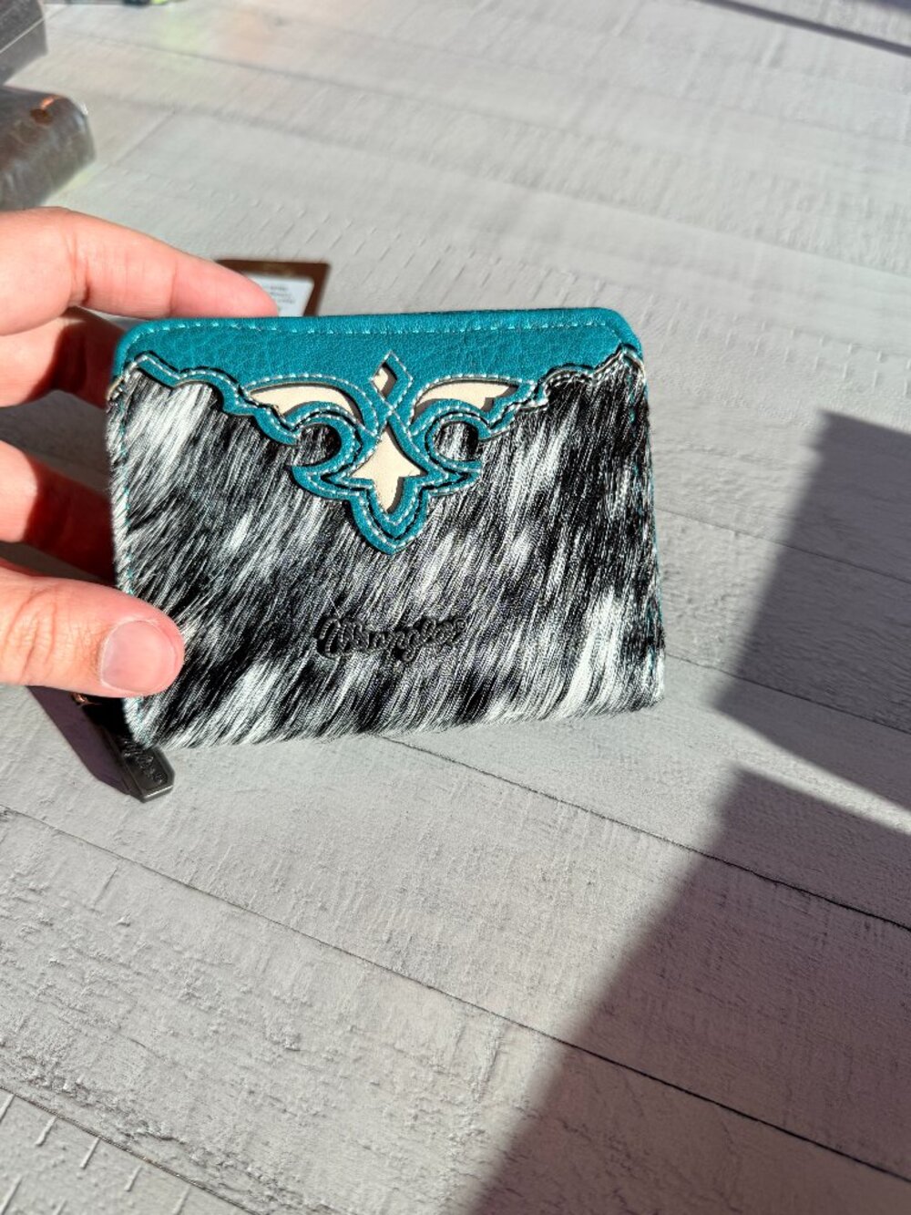 Wrangler Genuine Hair-On Cowhide Zip-Around Wallet - Turquoise